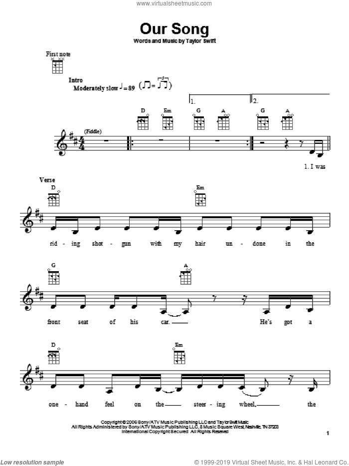 Our Song sheet music for ukulele by Taylor Swift, intermediate skill level