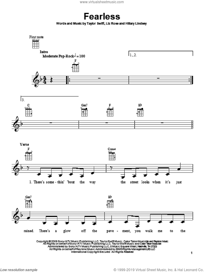Fearless sheet music for ukulele by Taylor Swift, Hillary Lindsey and Liz Rose, intermediate skill level