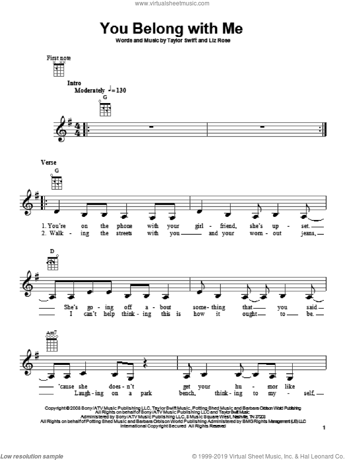 You Belong With Me sheet music for ukulele by Taylor Swift and Liz Rose, intermediate skill level