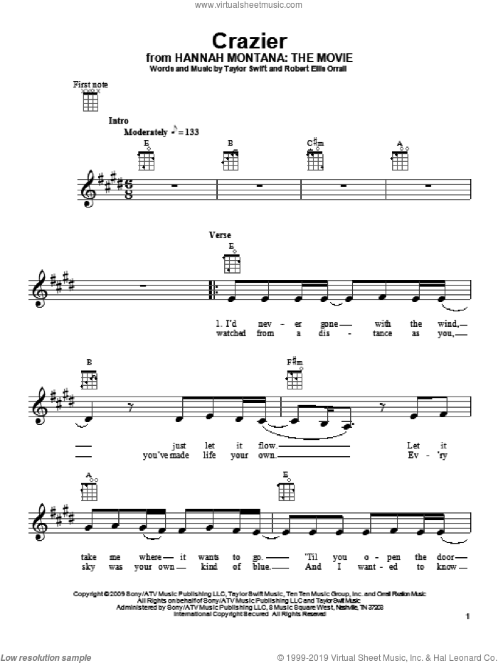 Crazier sheet music for ukulele by Taylor Swift and Robert Ellis Orrall, intermediate skill level