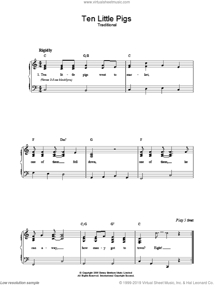 Ten Little Pigs sheet music for piano solo, easy skill level