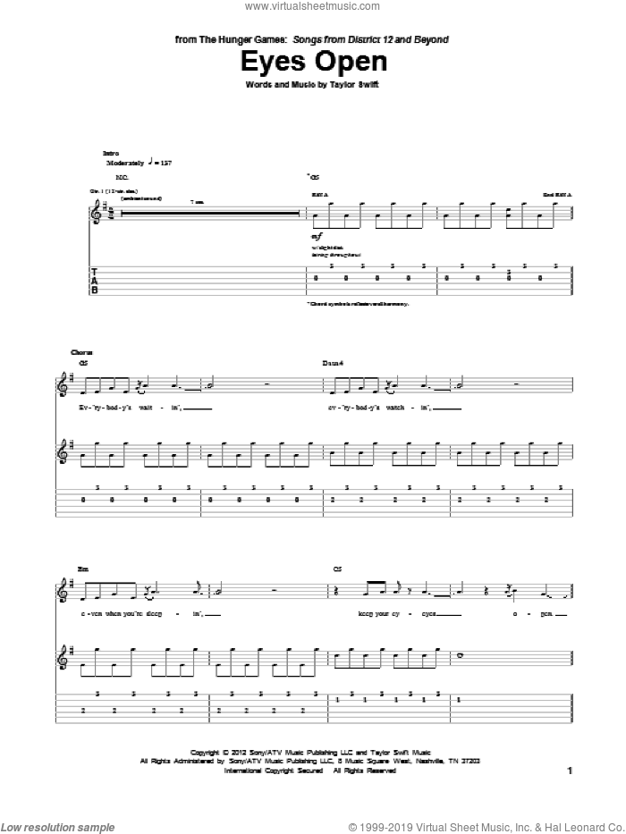 Eyes Open sheet music for guitar (tablature) by Taylor Swift and Hunger Games (Movie), intermediate skill level