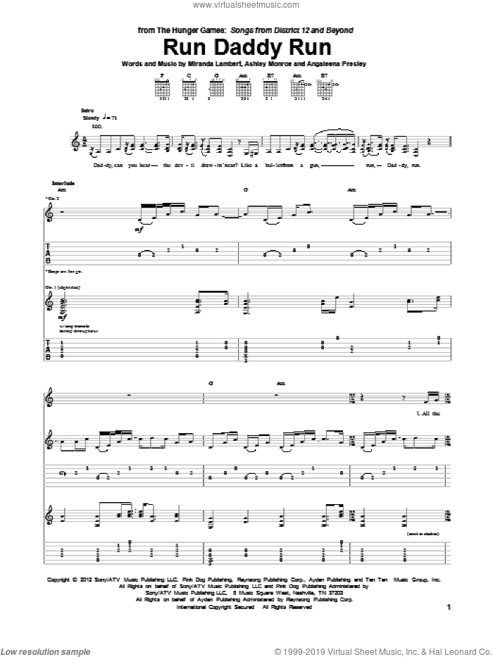 Run Daddy Run sheet music for guitar (tablature) by Miranda Lambert, Angaleena Presley, Ashley Monroe, Hunger Games (Movie) and Pistol Annies, intermediate skill level