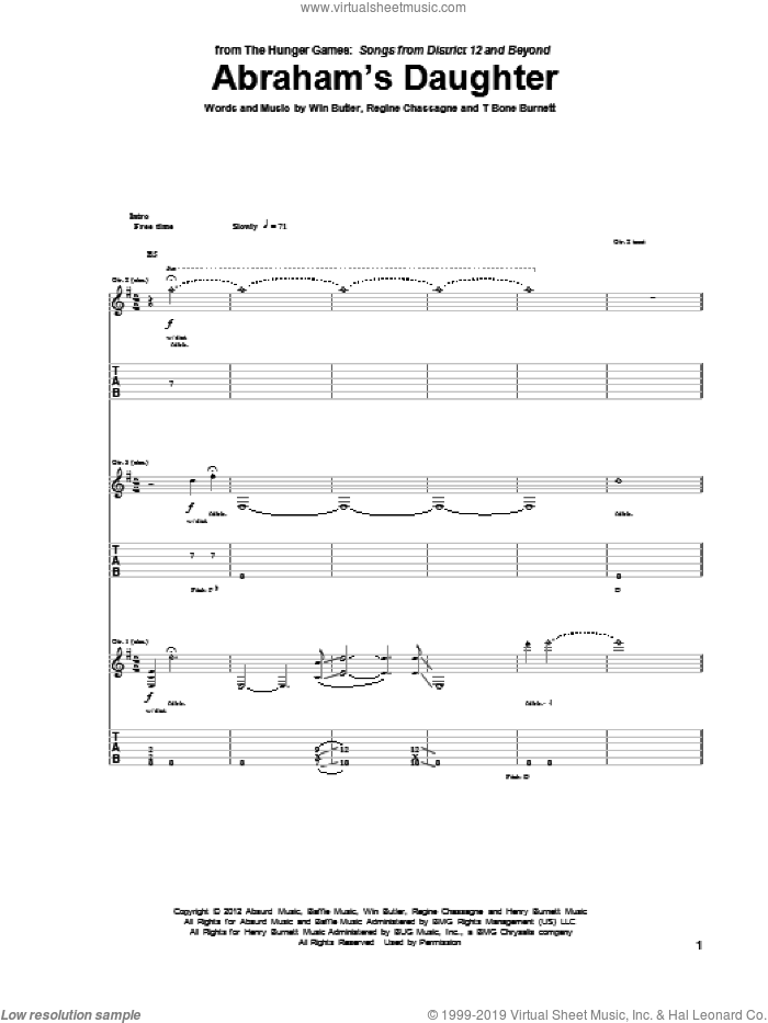 Abraham's Daughter sheet music for guitar (tablature) by Arcade Fire and Hunger Games (Movie), intermediate skill level