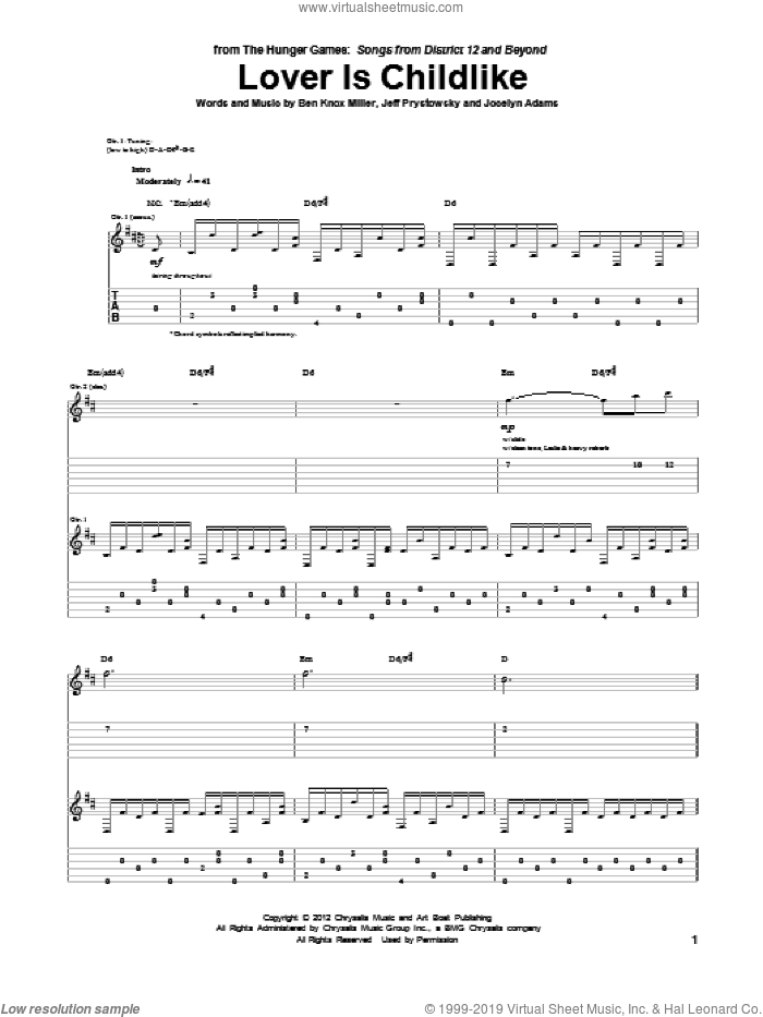 Lover Is Childlike sheet music for guitar (tablature) by The Low Anthem, Ben Knox Miller, Hunger Games (Movie), Jeff Prystowsky and Jocelyn Adams, intermediate skill level