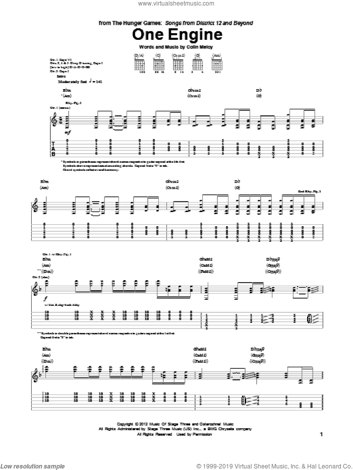 One Engine sheet music for guitar (tablature) by The Decemberists, Colin Meloy and Hunger Games (Movie), intermediate skill level