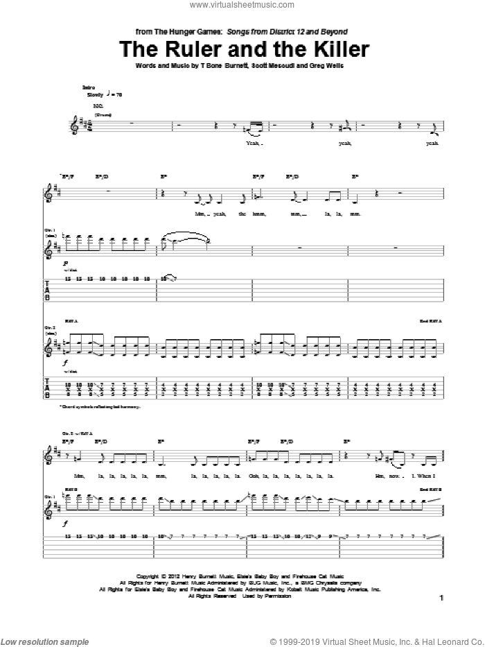 The Ruler And The Killer sheet music for guitar (tablature) by Kid Cudi, Greg Wells, Hunger Games (Movie) and Scott Mescudi, intermediate skill level