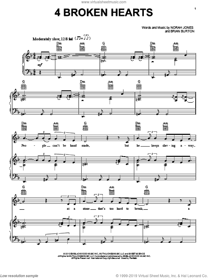 4 Broken Hearts sheet music for voice, piano or guitar by Norah Jones and Brian Burton, intermediate skill level
