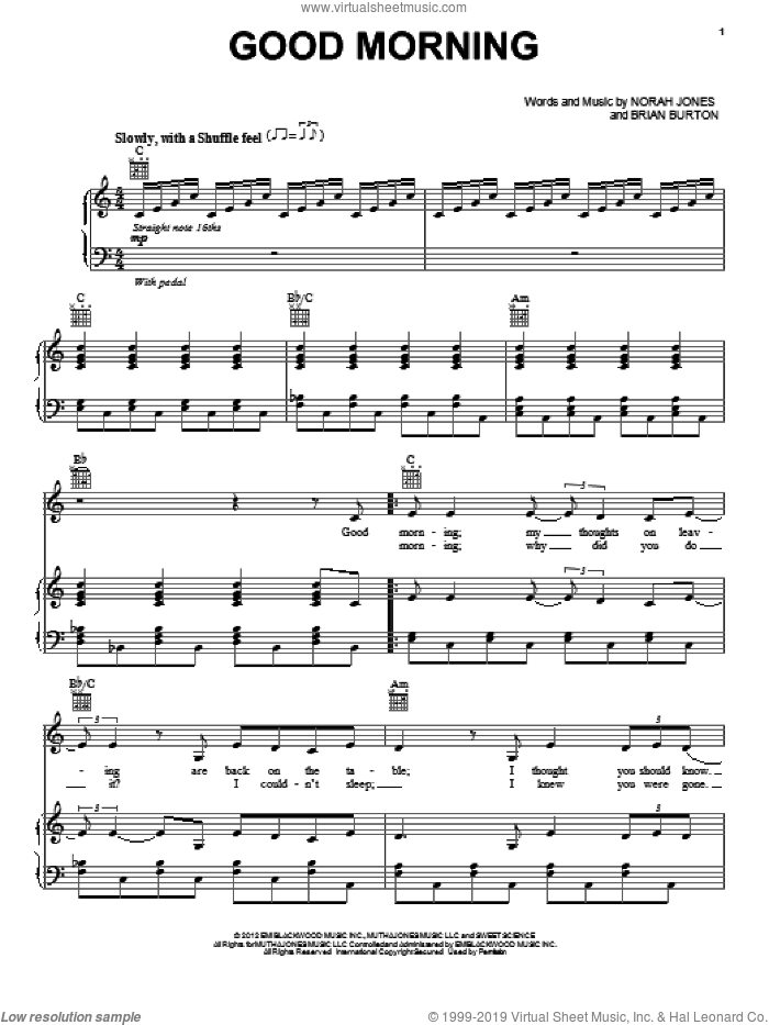Good Morning sheet music for voice, piano or guitar by Norah Jones and Brian Burton, intermediate skill level