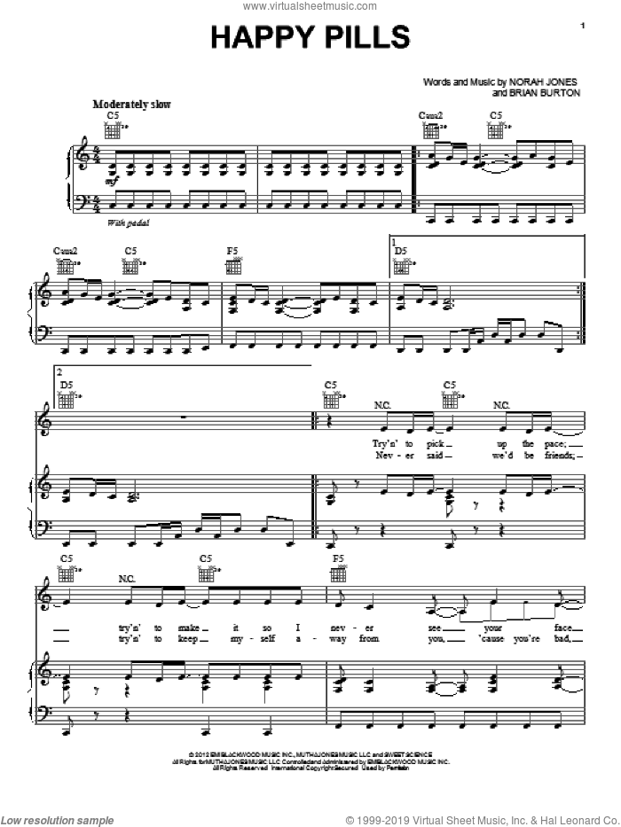 Happy Pills sheet music for voice, piano or guitar by Norah Jones and Brian Burton, intermediate skill level