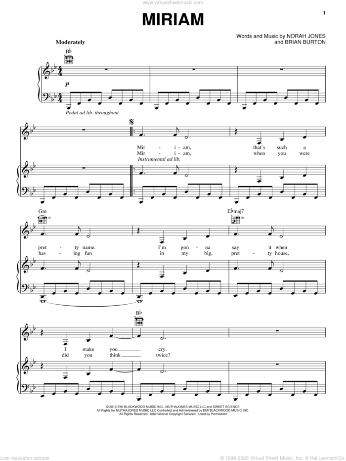 Miriam sheet music for voice, piano or guitar by Norah Jones and Brian Burton, intermediate skill level