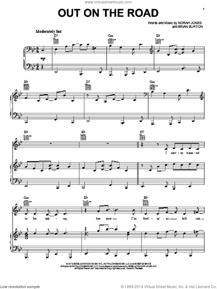 Out On The Road sheet music for voice, piano or guitar by Norah Jones and Brian Burton, intermediate skill level