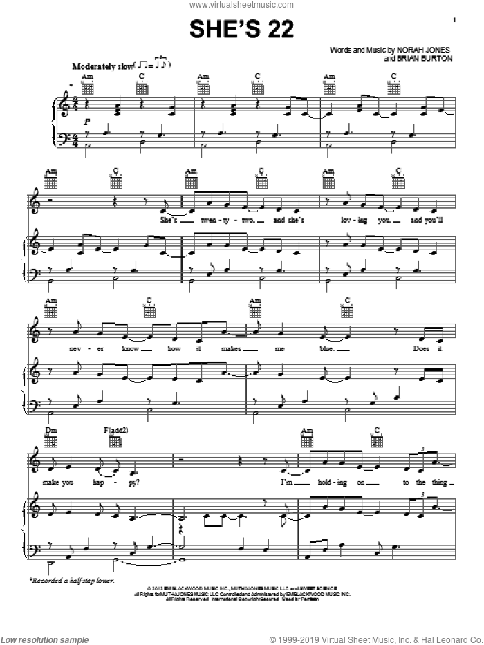 She's 22 sheet music for voice, piano or guitar by Norah Jones and Brian Burton, intermediate skill level
