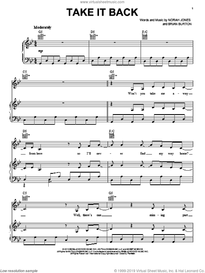 Take It Back sheet music for voice, piano or guitar by Norah Jones and Brian Burton, intermediate skill level