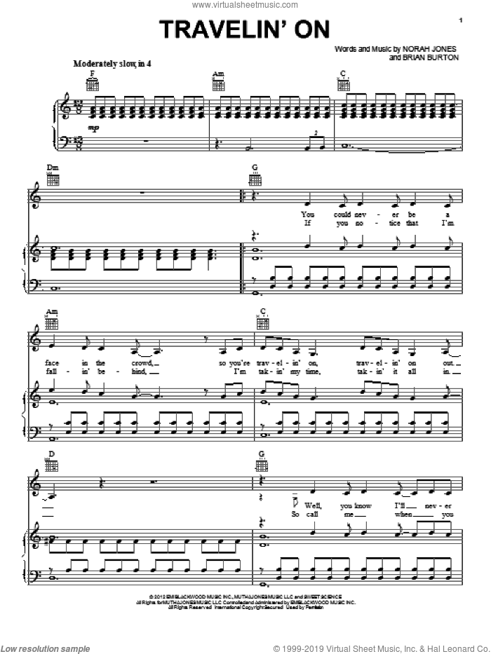 Travelin' On sheet music for voice, piano or guitar by Norah Jones and Brian Burton, intermediate skill level