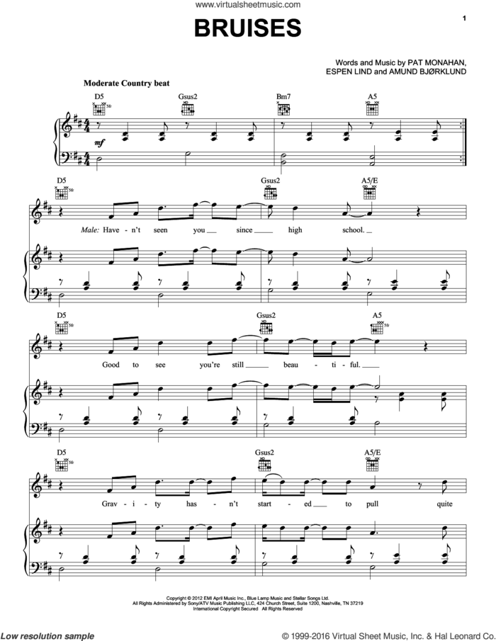 Bruises sheet music for voice, piano or guitar by Train, Amund Bjorklund, Espen Lind and Pat Monahan, intermediate skill level