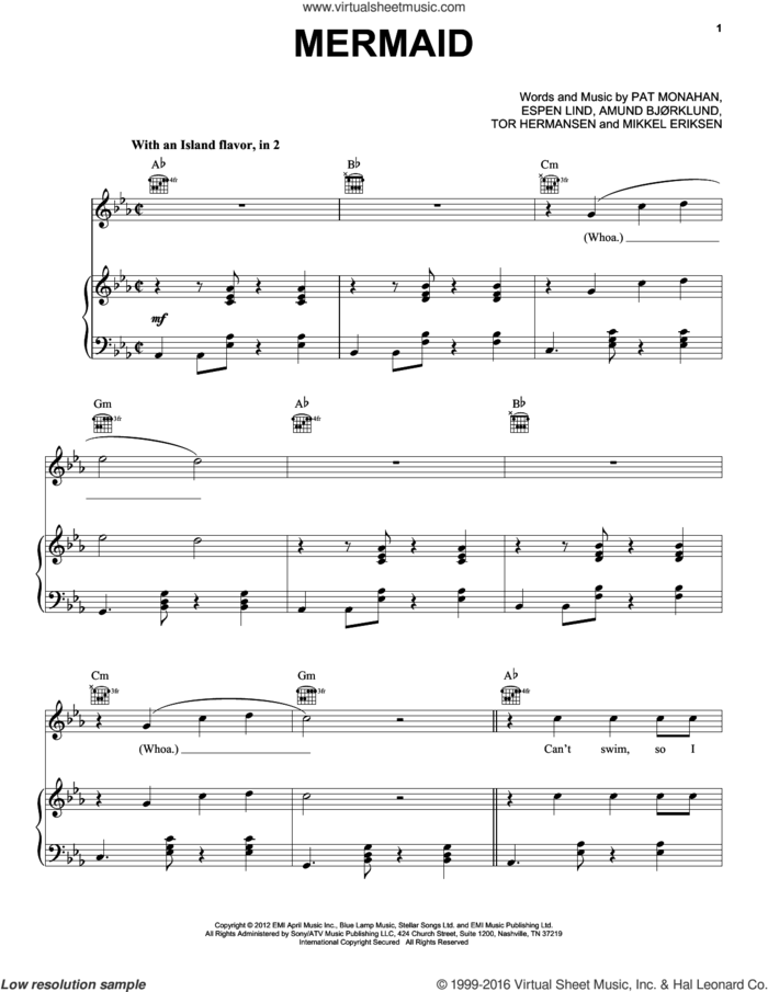 Mermaid sheet music for voice, piano or guitar by Train, Amund Bjorklund, Espen Lind, Mikkel Eriksen, Pat Monahan and Tor Erik Hermansen, intermediate skill level
