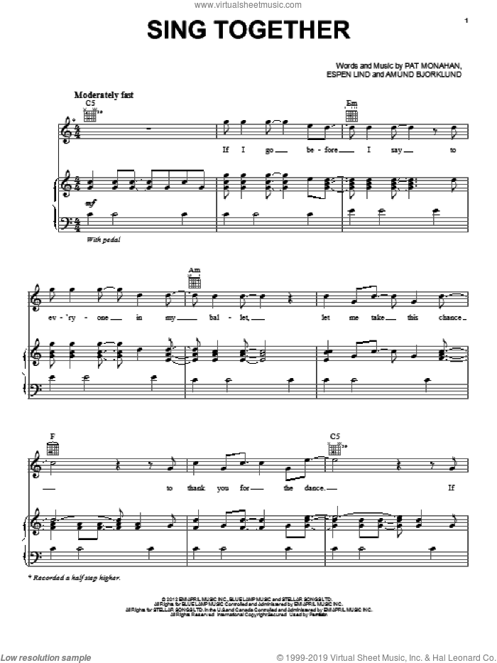 Sing Together sheet music for voice, piano or guitar by Train, Amund Bjorklund, Espen Lind and Pat Monahan, intermediate skill level