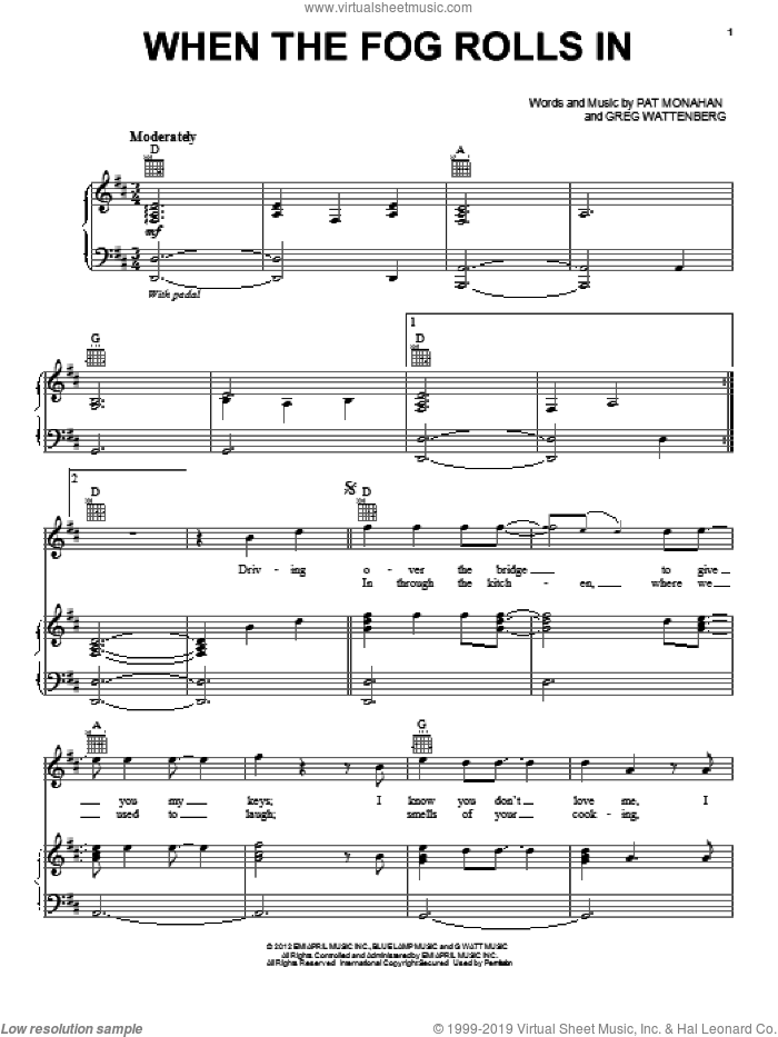 When The Fog Rolls In sheet music for voice, piano or guitar by Train, Greg Wattenberg and Pat Monahan, intermediate skill level