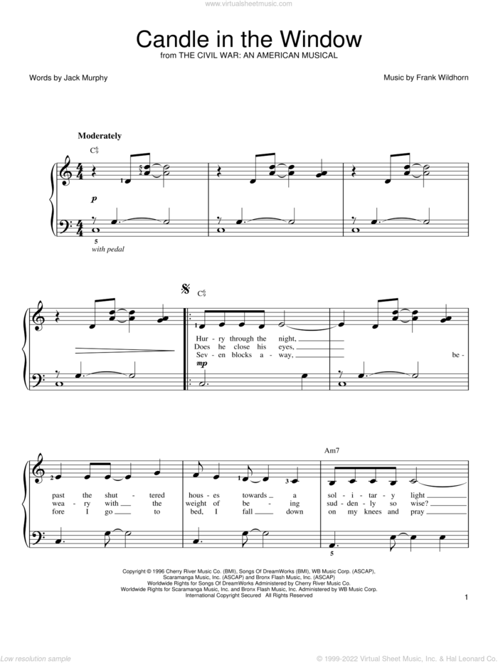 Candle In The Window sheet music for piano solo by Linda Eder, Frank Wildhorn and Jack Murphy, easy skill level