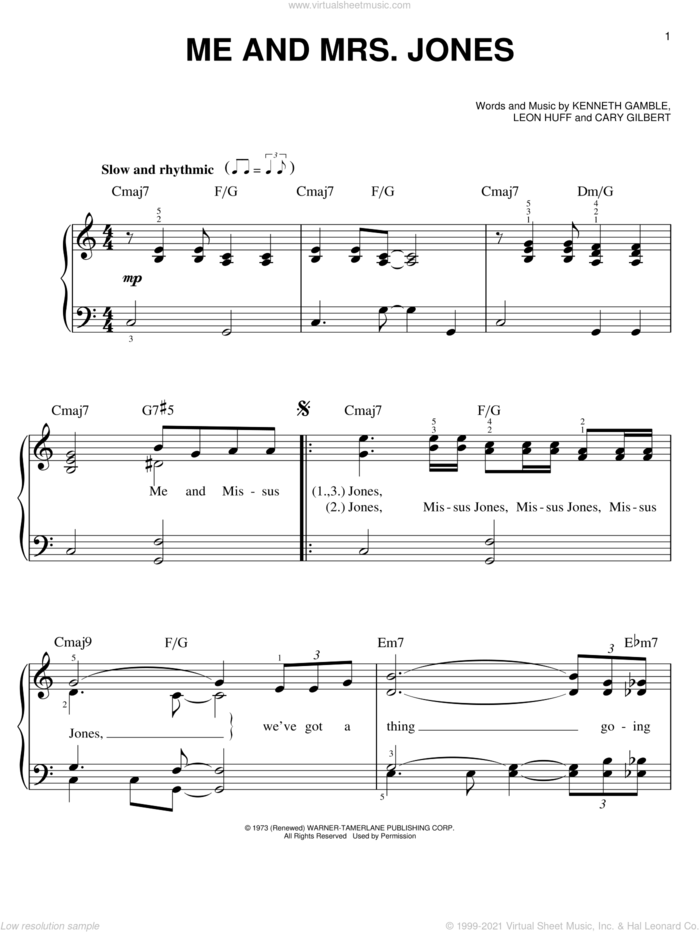 Me And Mrs. Jones sheet music for piano solo by Michael Buble, Cary Gilbert, Kenneth Gamble and Leon Huff, easy skill level