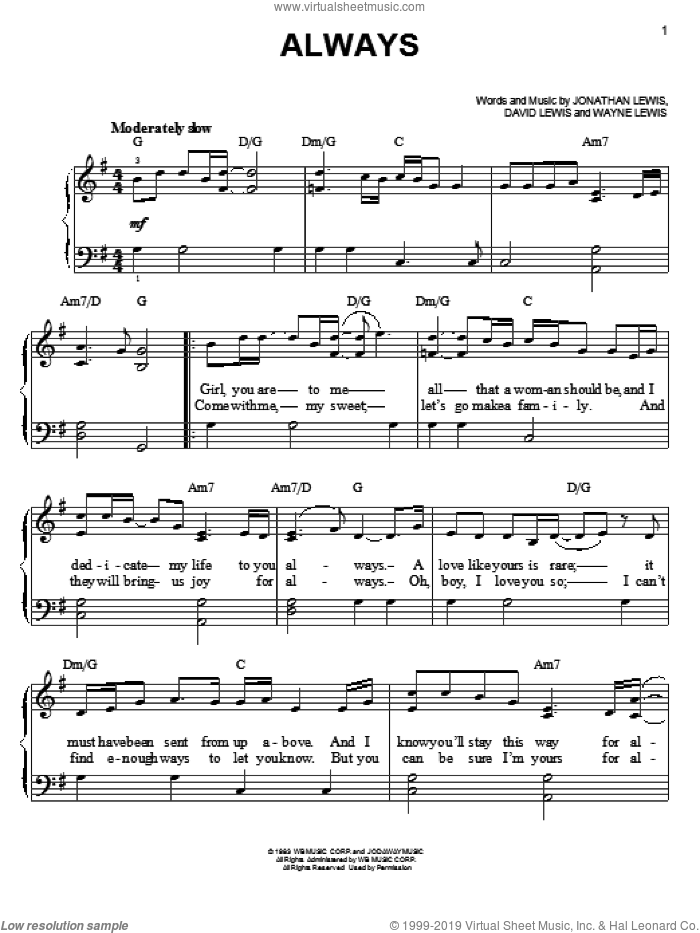 Always sheet music for piano solo by Atlantic Starr, David Lewis, Jonathan Lewis and Wayne Lewis, easy skill level