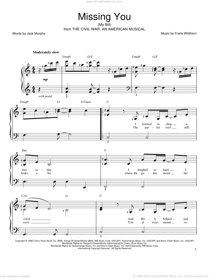 Missing You (My Bill) sheet music for piano solo by Deana Carter, Frank Wildhorn and Jack Murphy, easy skill level