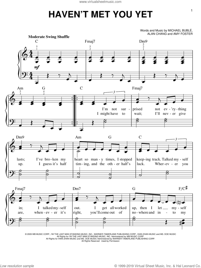 Haven't Met You Yet sheet music for piano solo by Michael Buble, Alan Chang and Amy Foster, easy skill level