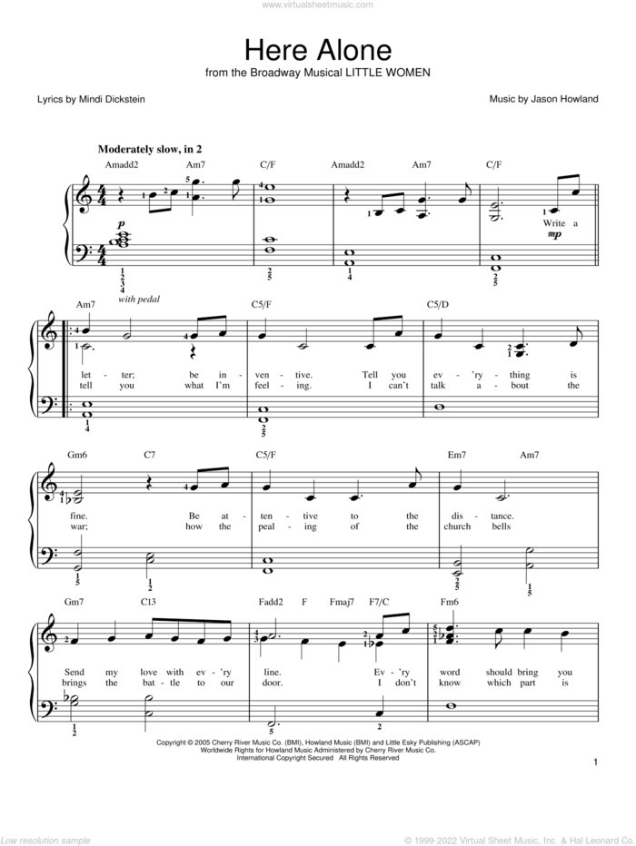 Here Alone sheet music for piano solo by Mindi Dickstein, Little Women (Musical) and Jason Howland, easy skill level