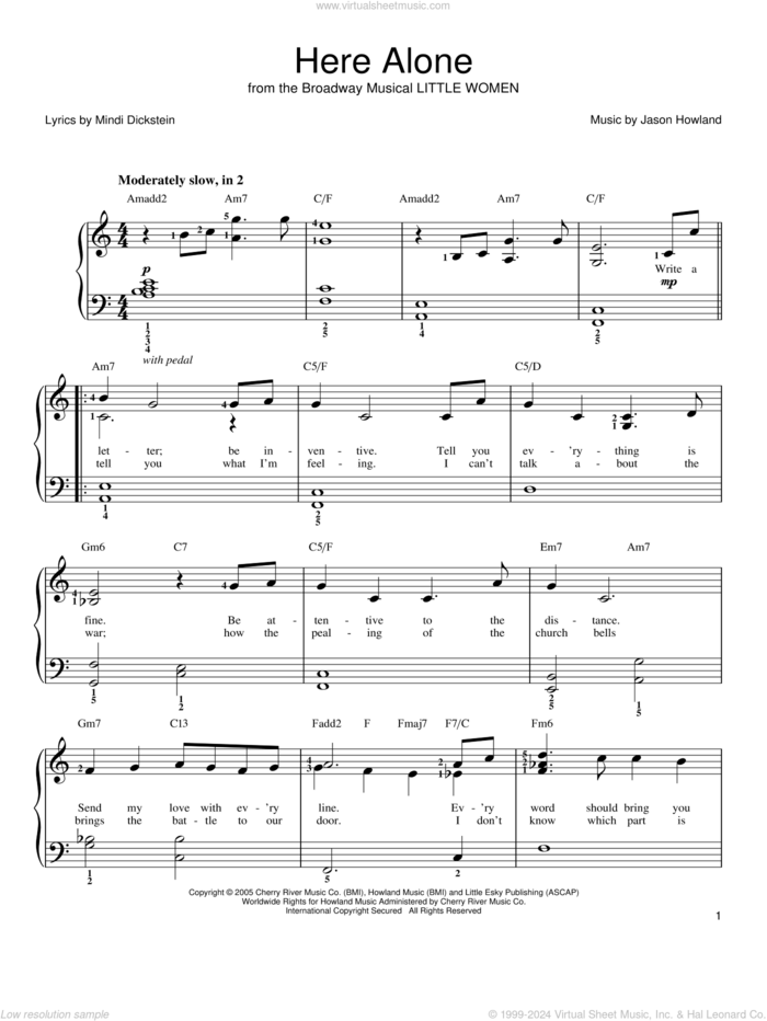 Here Alone sheet music for piano solo by Mindi Dickstein, Little Women (Musical) and Jason Howland, easy skill level