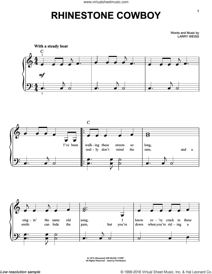 Rhinestone Cowboy sheet music for piano solo by Glen Campbell and Larry Weiss, easy skill level