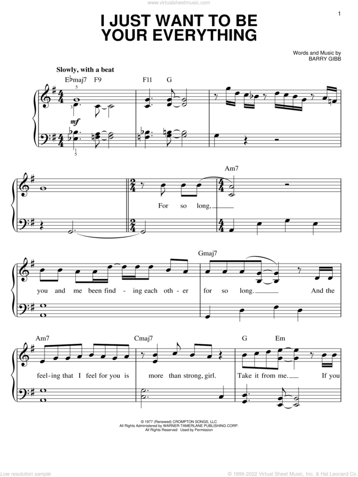 I Just Want To Be Your Everything sheet music for piano solo by Andy Gibb and Barry Gibb, easy skill level