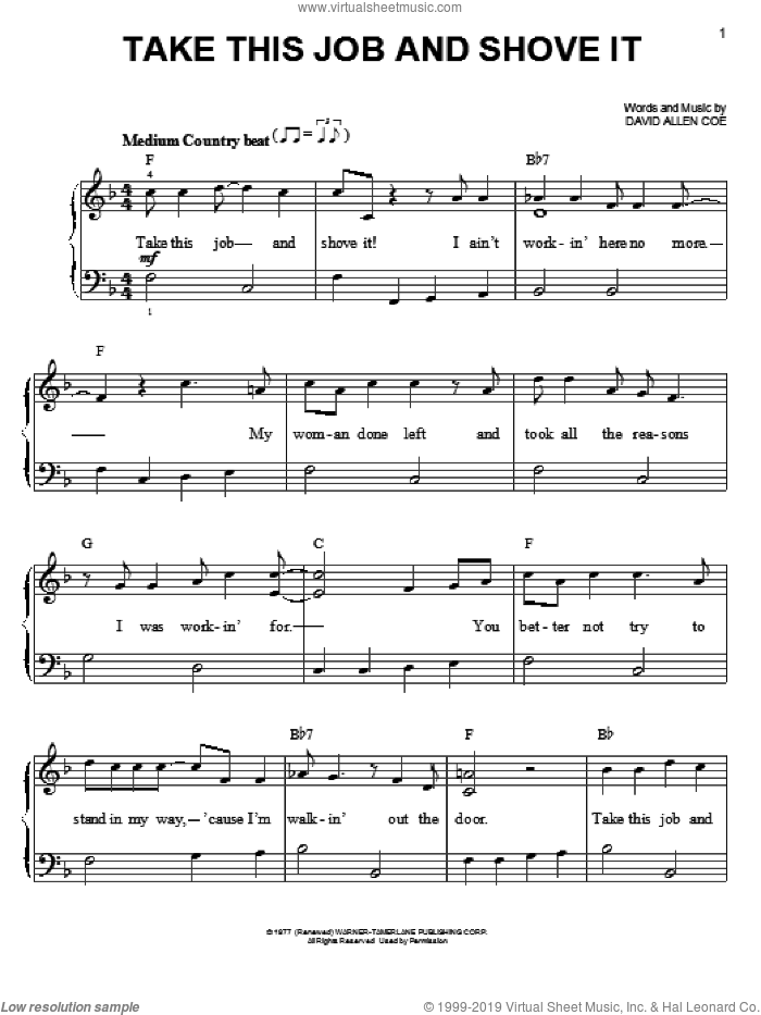 Take This Job And Shove It sheet music for piano solo by David Allan Coe, easy skill level