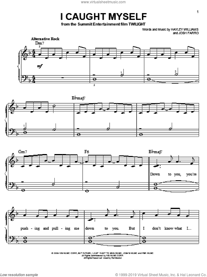 I Caught Myself sheet music for piano solo by Paramore, Hayley Williams, Josh Farro and Twilight (Movie), easy skill level