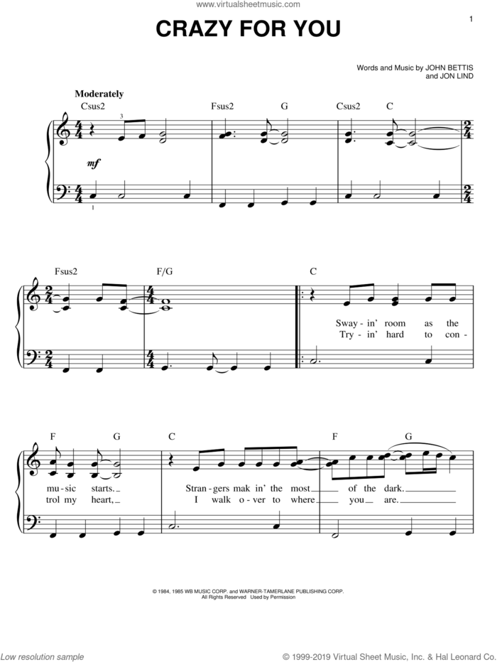 Crazy For You sheet music for piano solo by Madonna, John Bettis and Jon Lind, easy skill level