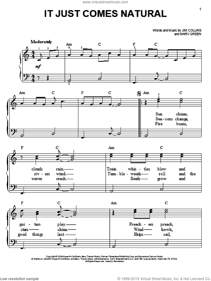 It Just Comes Natural sheet music for piano solo by George Strait, Jim Collins and Marv Green, easy skill level