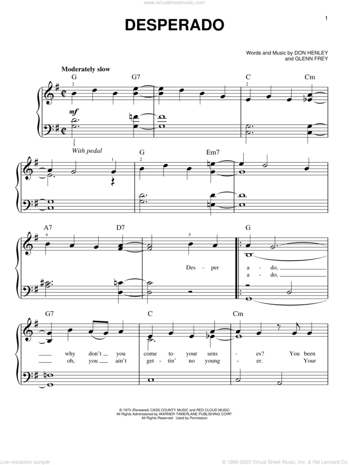 Desperado, (easy) sheet music for piano solo by The Eagles, Don Henley and Glenn Frey, easy skill level