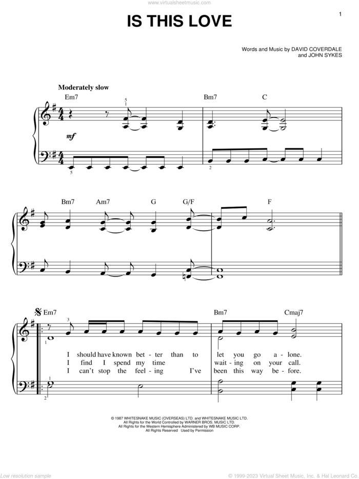 Is This Love sheet music for piano solo by Whitesnake, David Coverdale and John Sykes, easy skill level