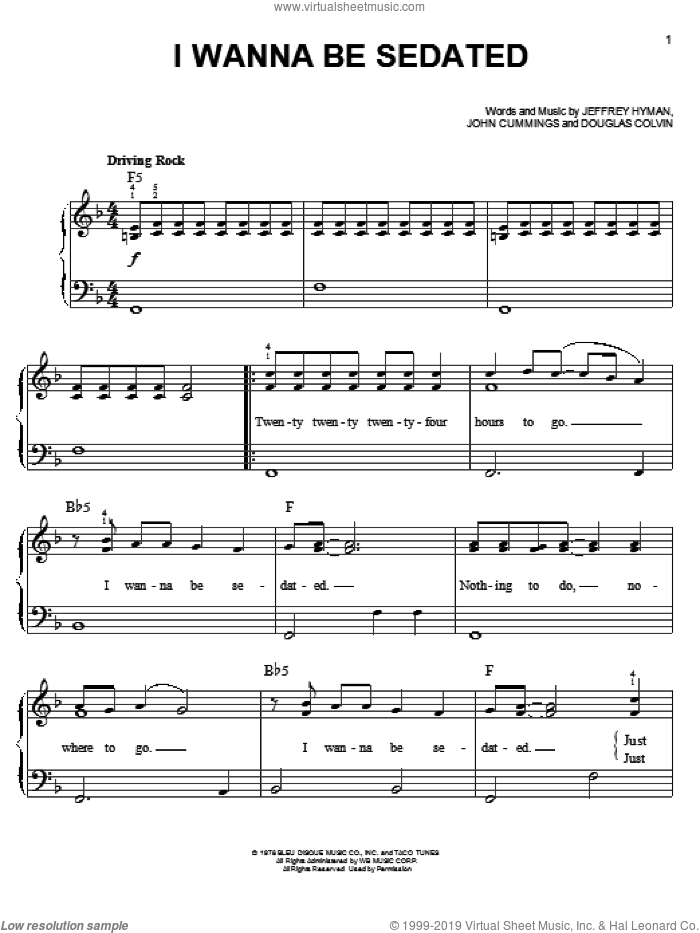I Wanna Be Sedated sheet music for piano solo by The Ramones, easy skill level