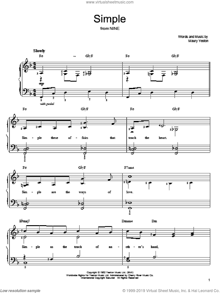 Simple sheet music for piano solo by Maury Yeston, easy skill level