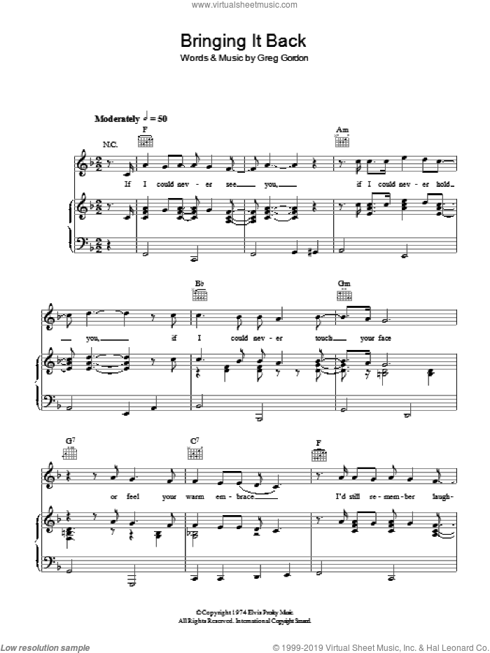 Bringing It Back sheet music for voice, piano or guitar by Elvis Presley and Greg Gordon, intermediate skill level