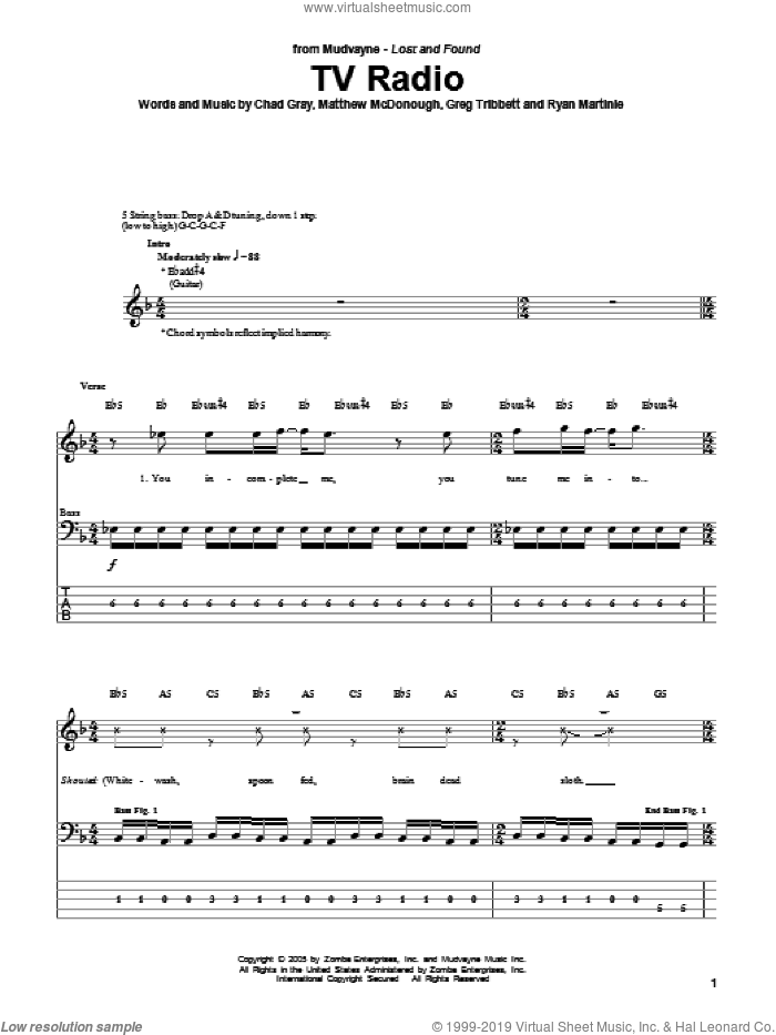 TV Radio sheet music for bass (tablature) (bass guitar) by Mudvayne, Chad Gray, Greg Tribbett, Matthew McDonough and Ryan Martinie, intermediate skill level