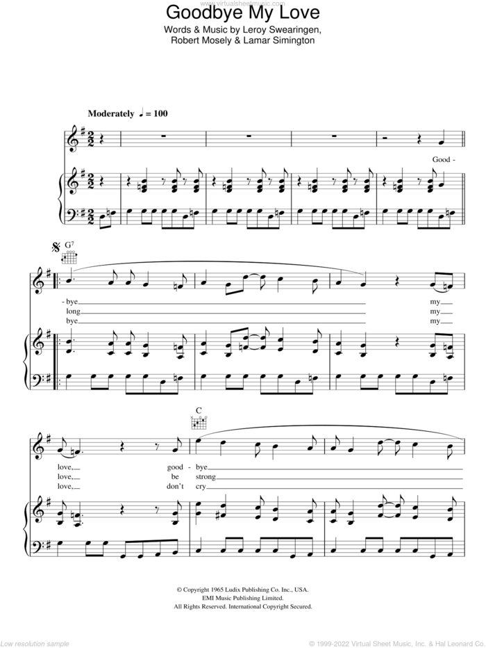 Goodbye My Love sheet music for voice, piano or guitar by The Searchers, Lamar Simington, Leroy Swearingen and Robert Mosely, intermediate skill level