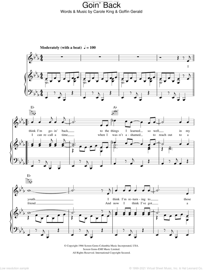 Goin' Back sheet music for voice, piano or guitar by Dusty Springfield, Carole King and Goffin Gerald, intermediate skill level