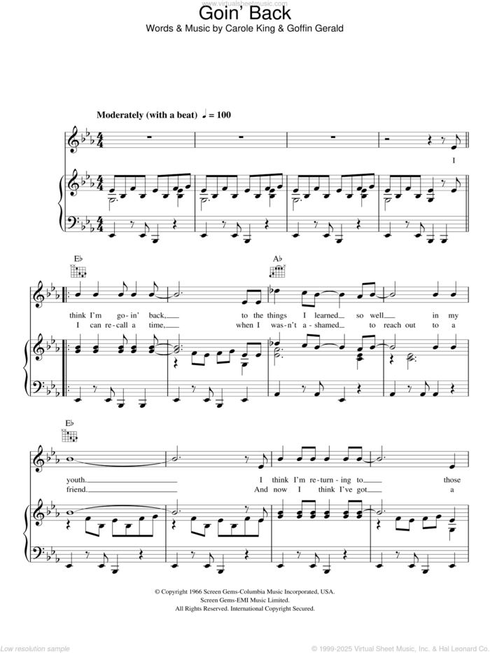 Goin' Back sheet music for voice, piano or guitar by Dusty Springfield, Carole King and Goffin Gerald, intermediate skill level