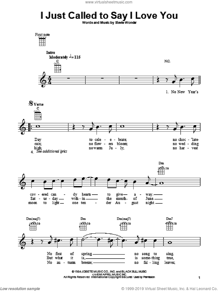 I Just Called To Say I Love You sheet music for ukulele by Stevie Wonder, intermediate skill level