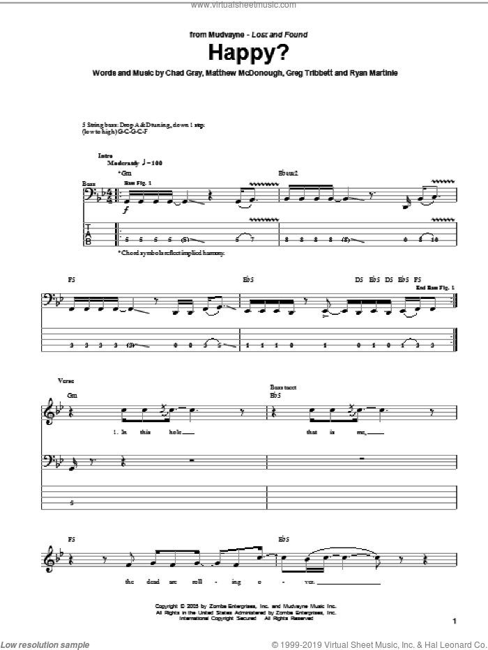 Happy? sheet music for bass (tablature) (bass guitar) by Mudvayne, Chad Gray, Greg Tribbett, Matthew McDonough and Ryan Martinie, intermediate skill level