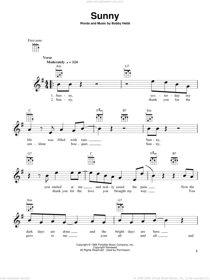 Sunny sheet music for ukulele by Bobby Hebb, intermediate skill level