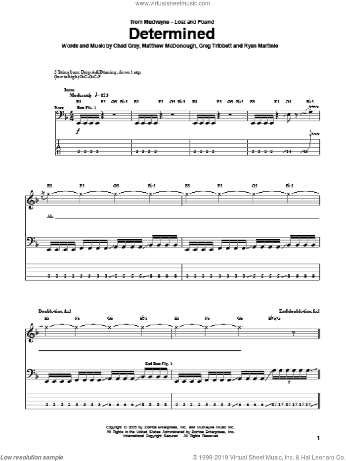 Determined sheet music for bass (tablature) (bass guitar) by Mudvayne, Chad Gray, Greg Tribbett, Matthew McDonough and Ryan Martinie, intermediate skill level