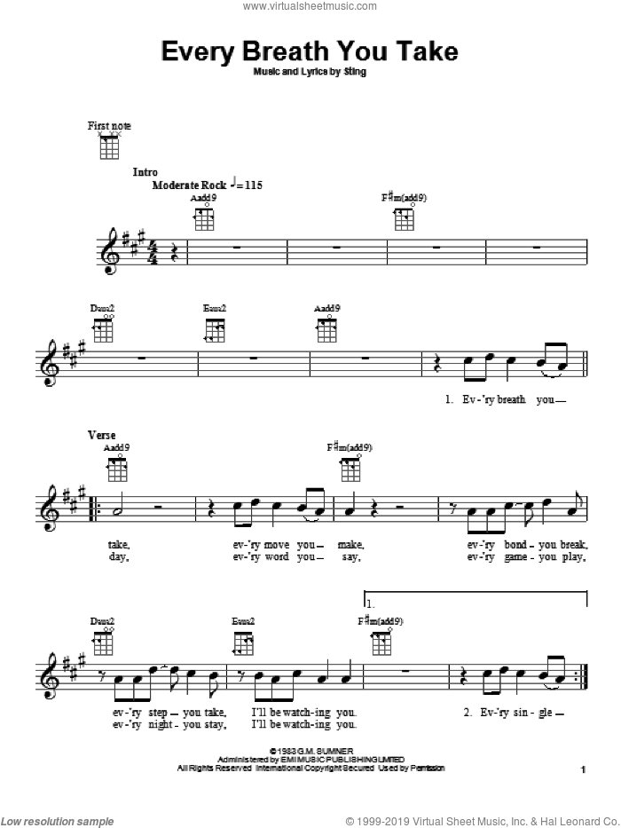 Every Breath You Take sheet music for ukulele by The Police and Sting, intermediate skill level